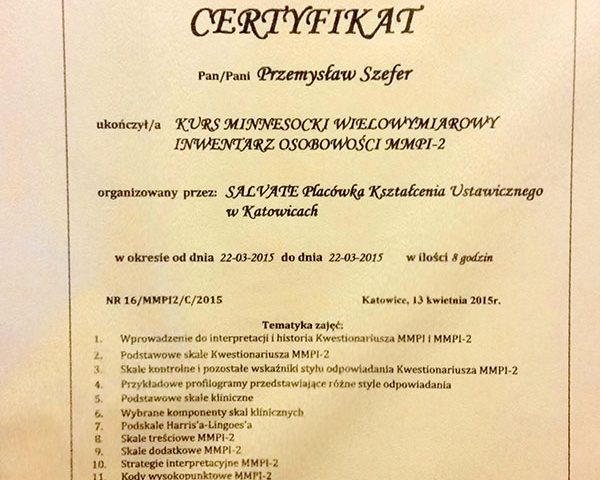 Certyfikat Przemysław Szefer