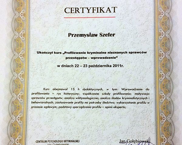 Certyfikat Przemysław Szefer